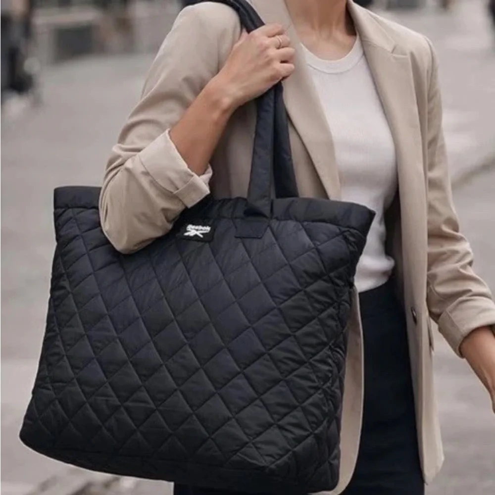 Reebok Black Quilted Tote Bag - Women's Shoulder Tote - Picture 1 of 7